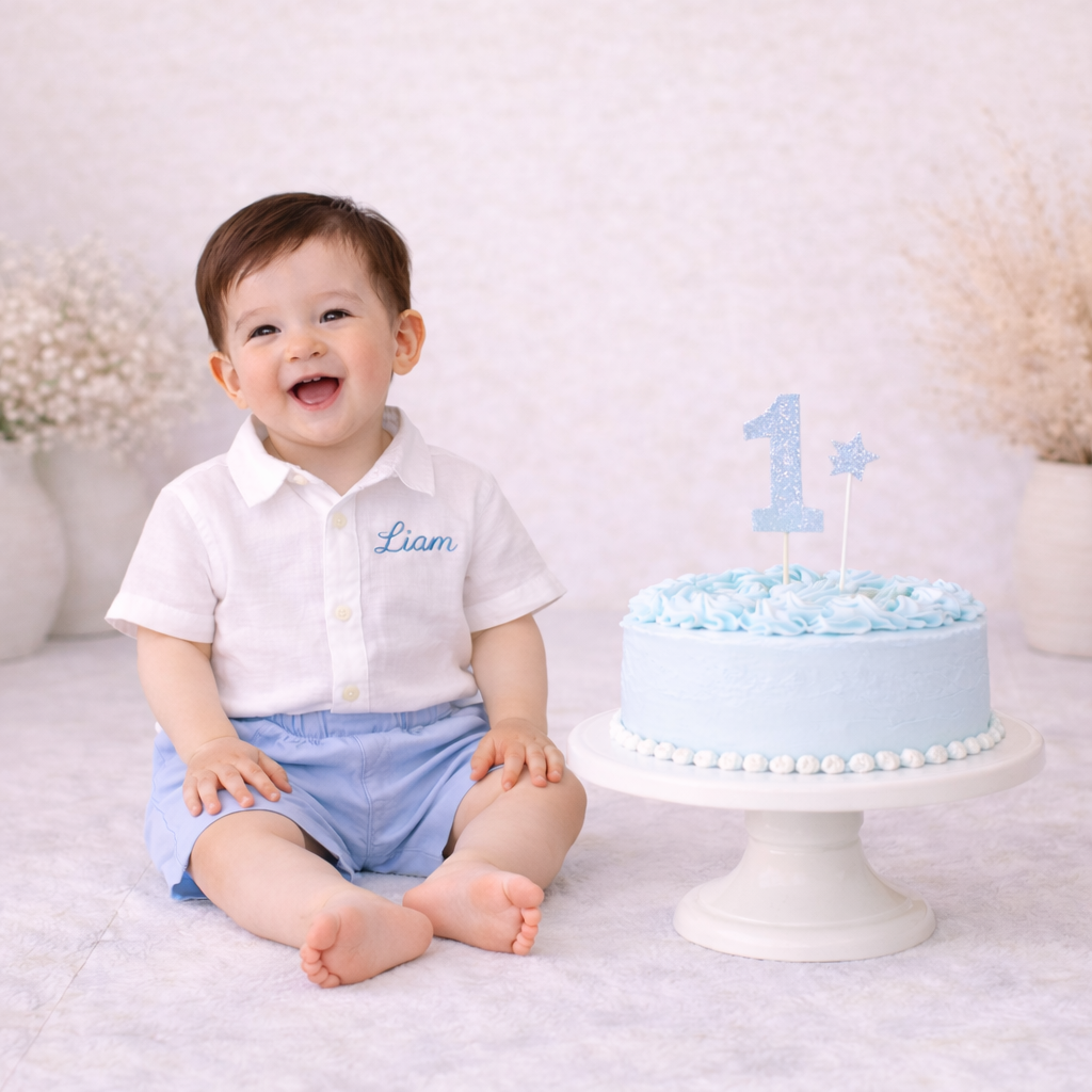 Boy Cake Smash Outfit, Personalized Name Shirt and Shorts, First Year Photo Outfit
