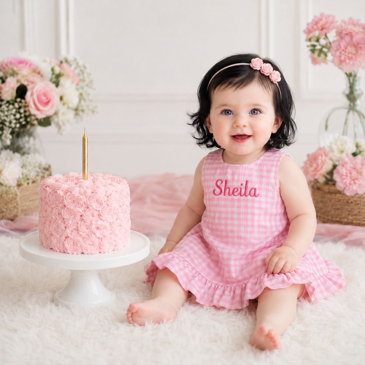 Personalized Pink Gingham First Birthday Dress for Baby Girl