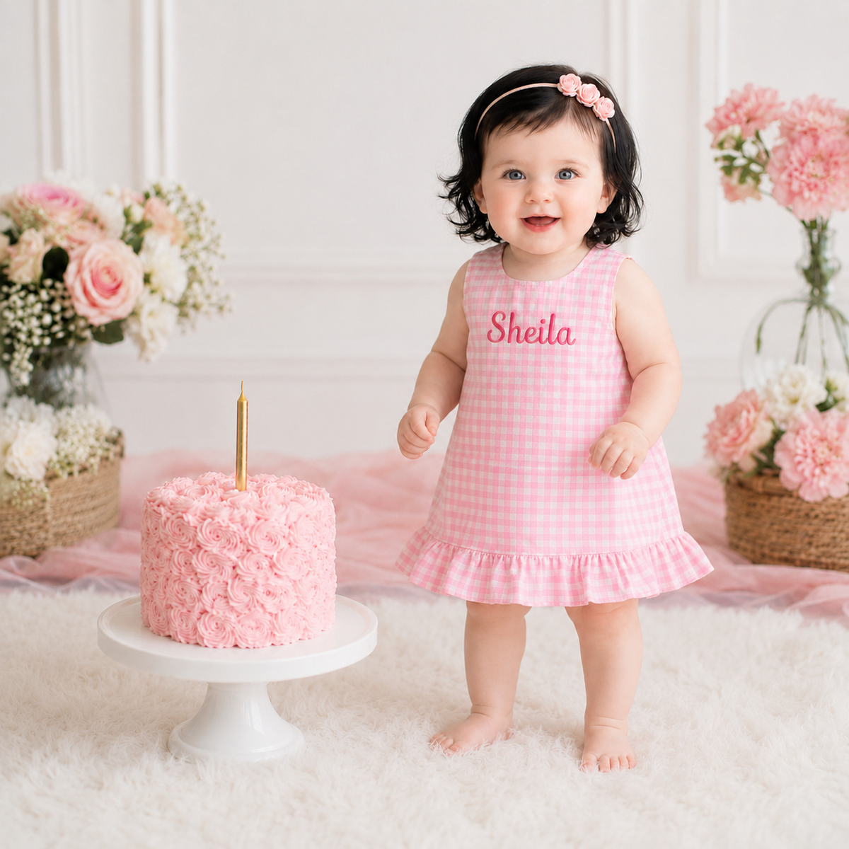 Personalized Pink Gingham First Birthday Dress for Baby Girl