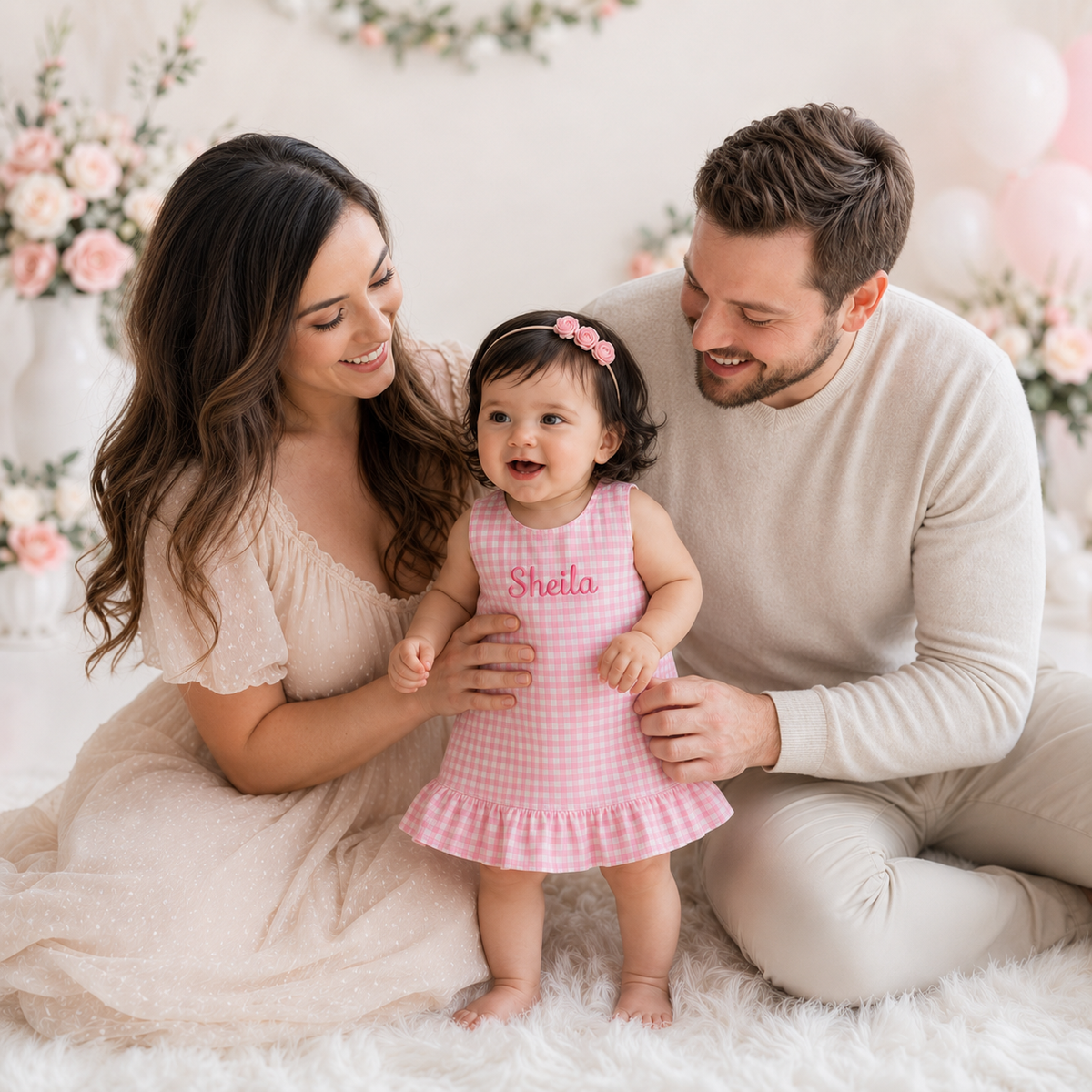 Personalized Pink Gingham First Birthday Dress for Baby Girl
