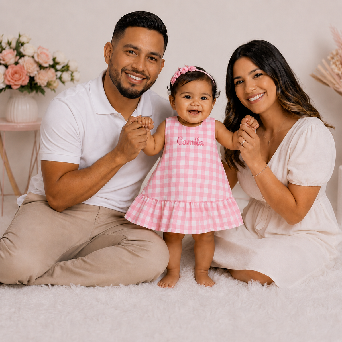 Personalized Pink Gingham First Birthday Dress for Baby Girl