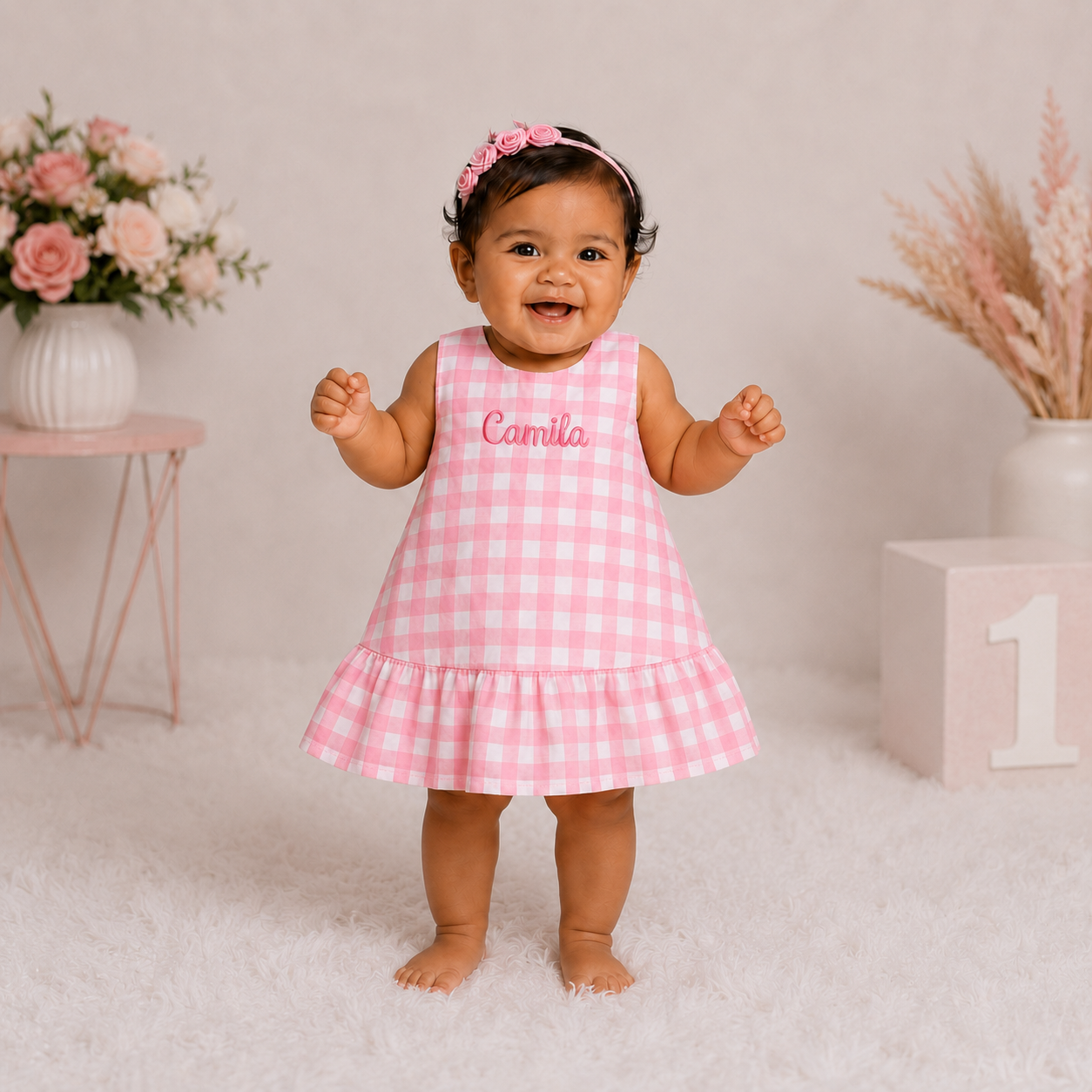 Personalized Pink Gingham First Birthday Dress for Baby Girl