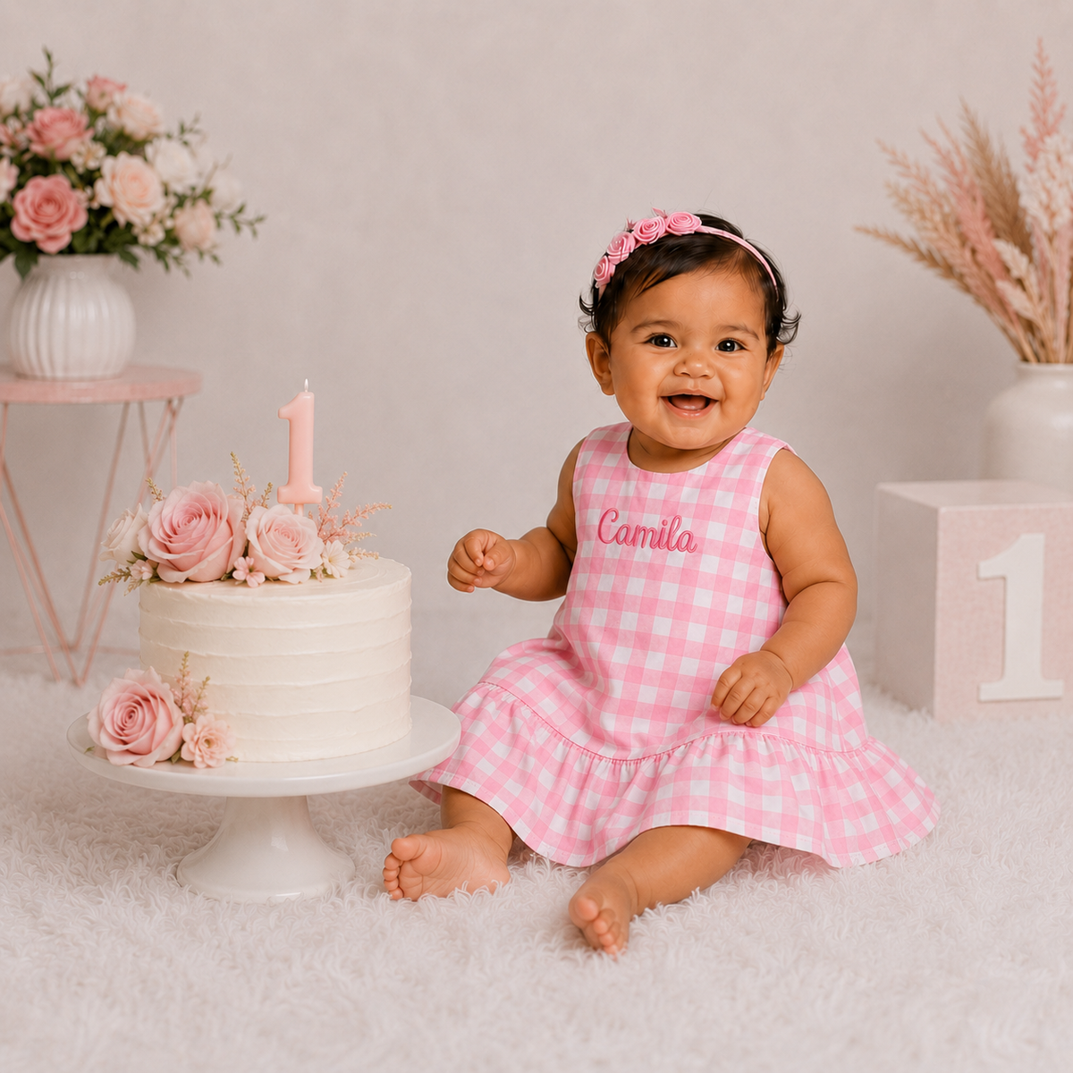 Personalized Pink Gingham First Birthday Dress for Baby Girl