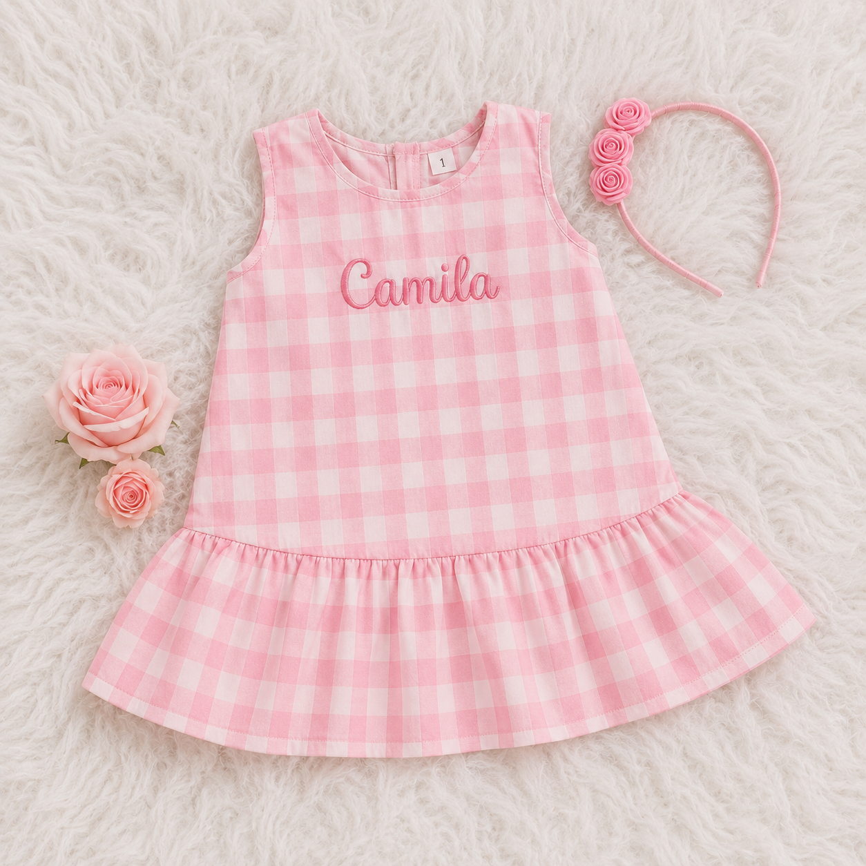 Personalized Pink Gingham First Birthday Dress for Baby Girl