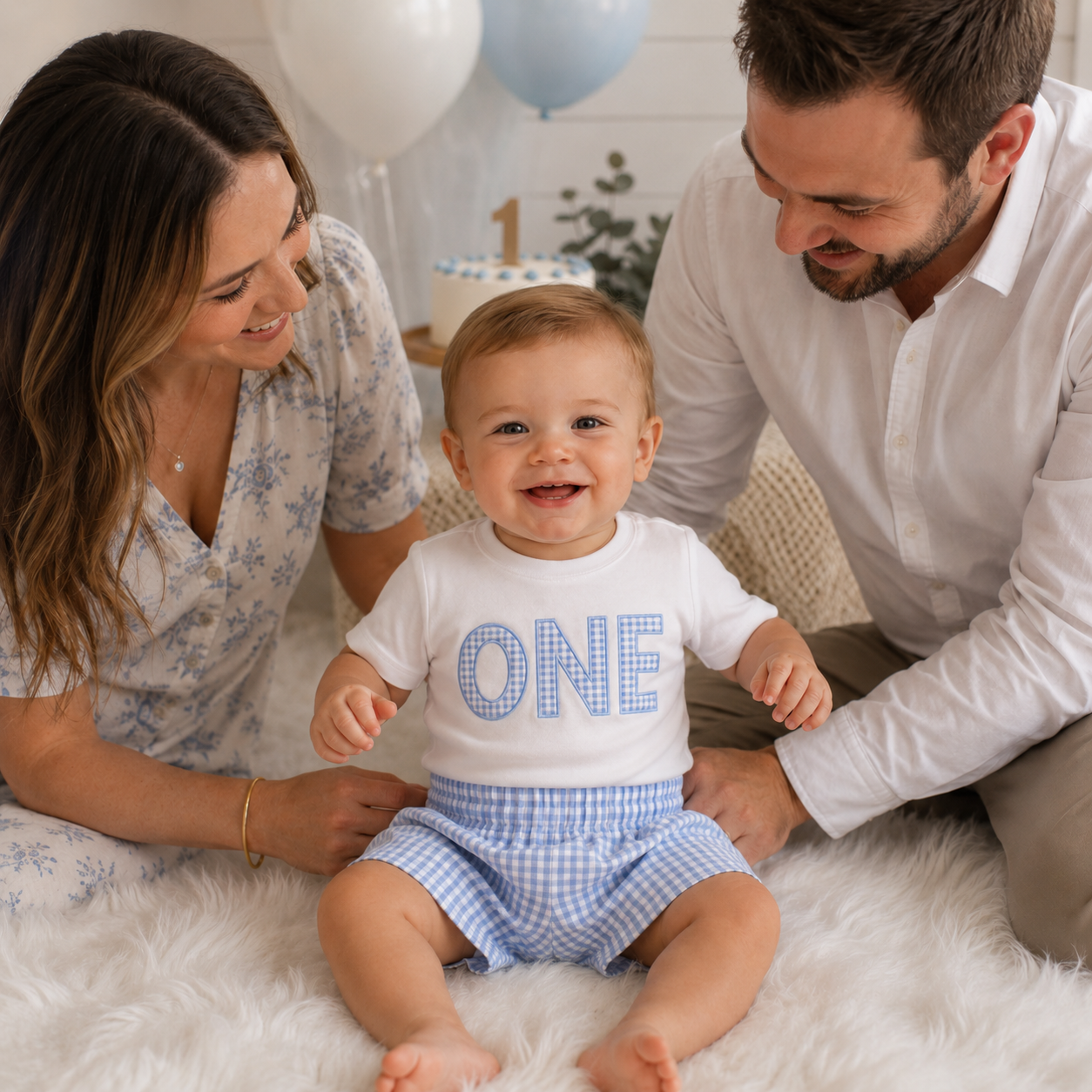 Baby Boy First Birthday Blue Gingham ONE Outfit