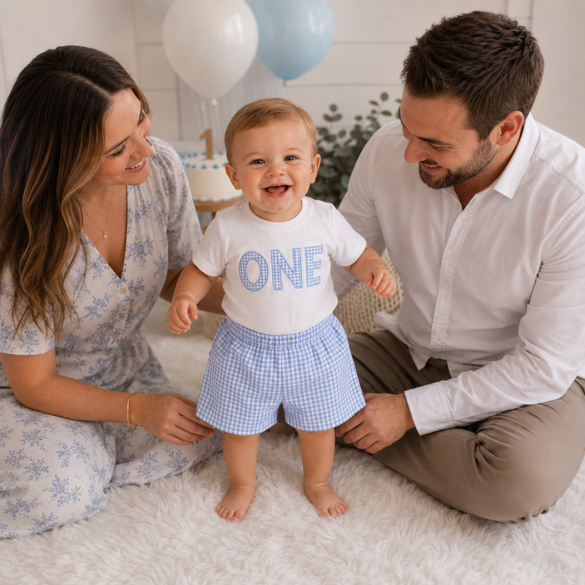 Baby Boy First Birthday Blue Gingham ONE Outfit