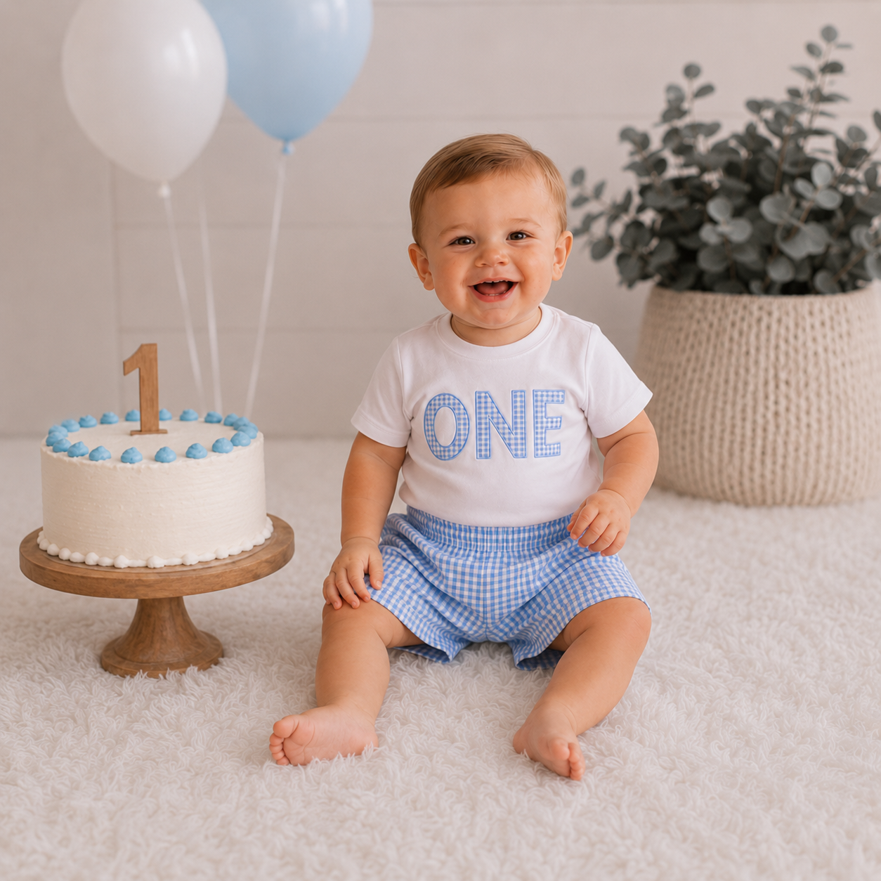 Baby Boy First Birthday Blue Gingham ONE Outfit