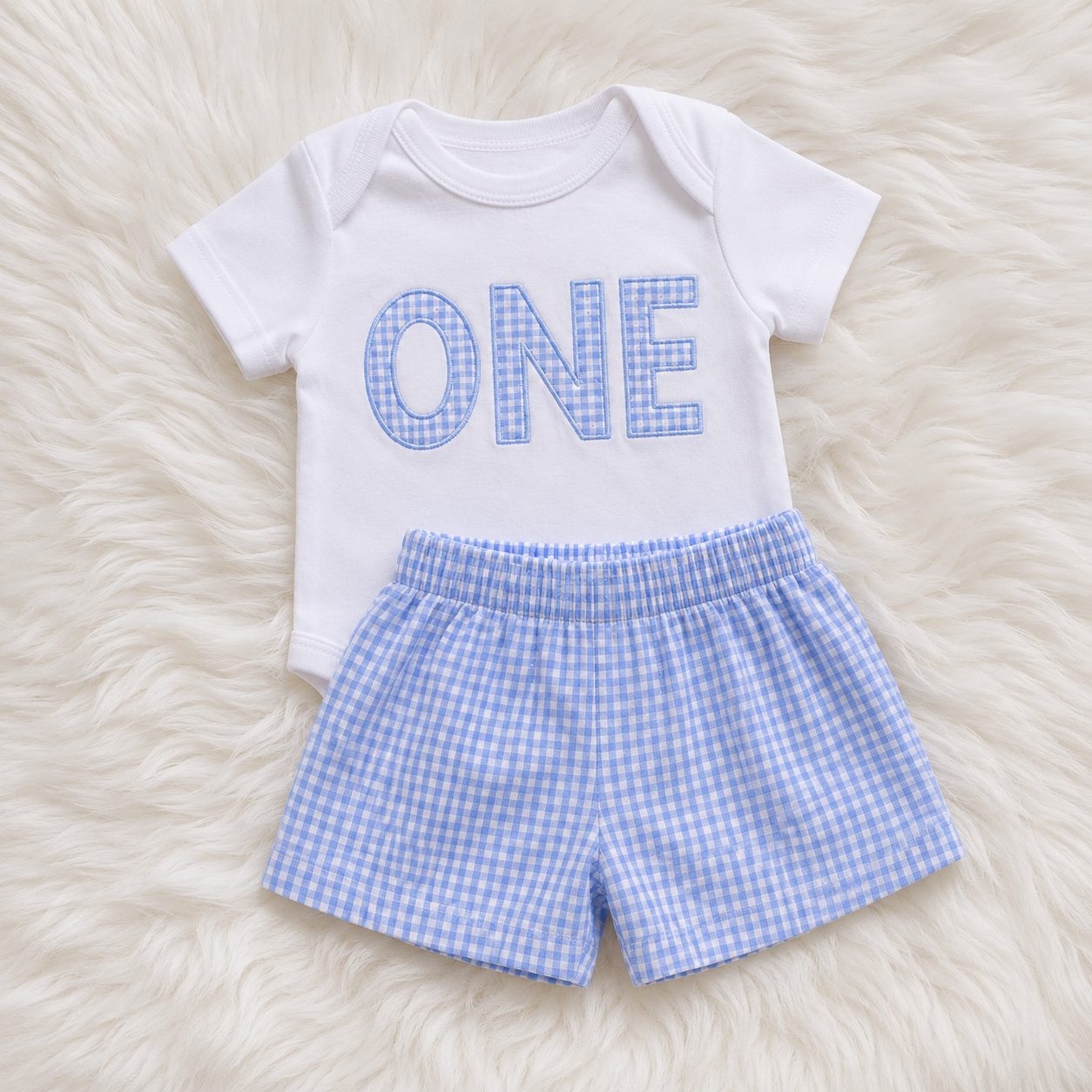 Baby Boy First Birthday Blue Gingham ONE Outfit