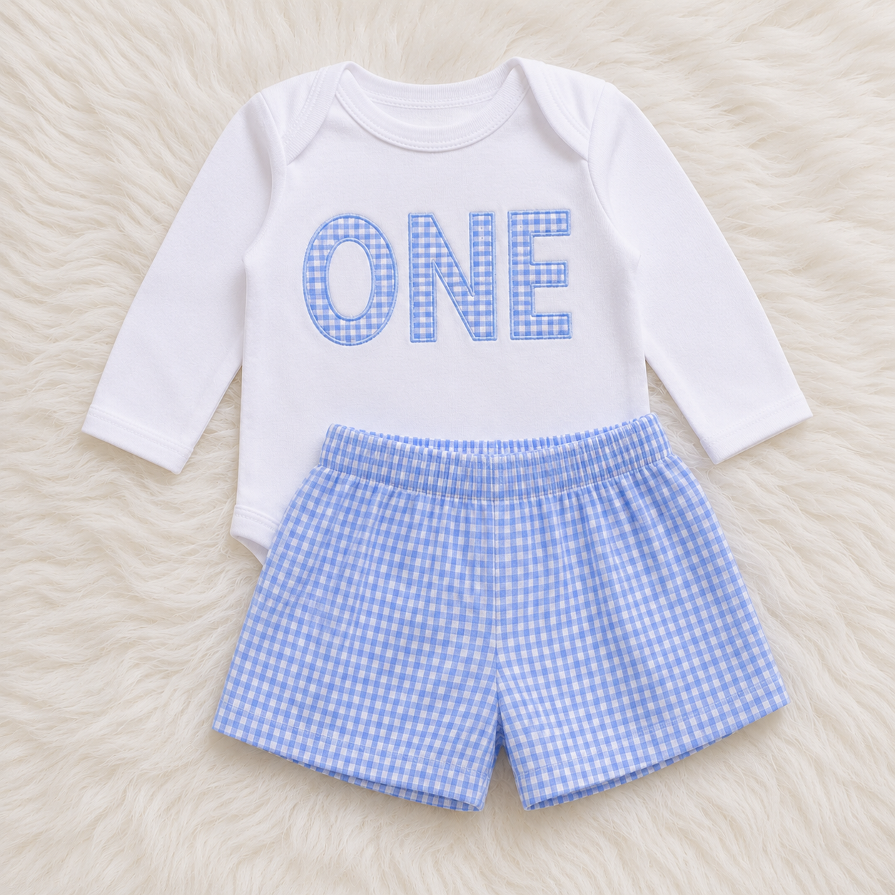 Baby Boy First Birthday Blue Gingham ONE Outfit