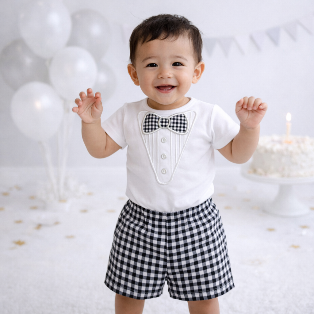 Baby First Birthday Outfit, Tuxedo Bodysuit and Gingham Shorts, Cake Smash Clothes