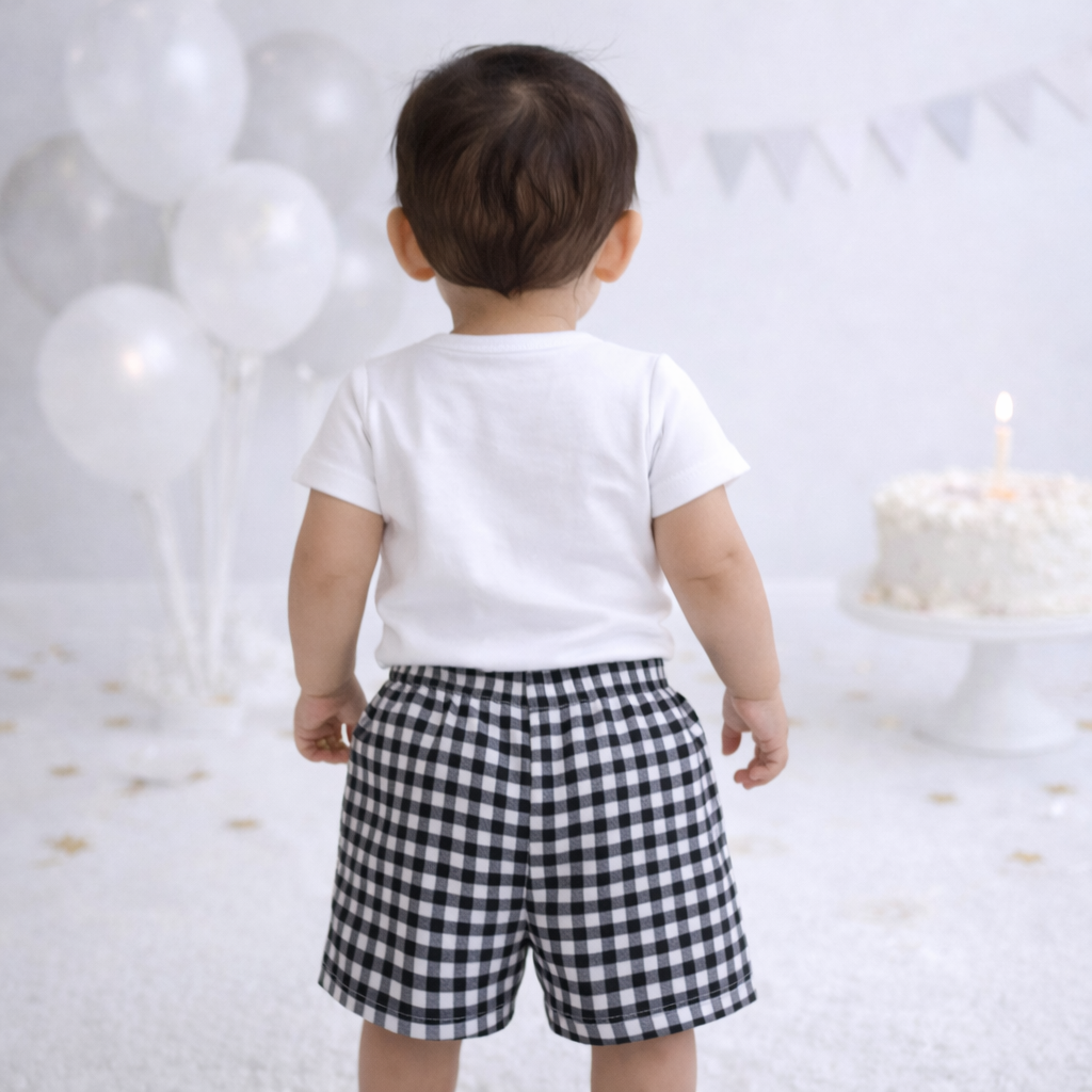 Baby First Birthday Outfit, Tuxedo Bodysuit and Gingham Shorts, Cake Smash Clothes