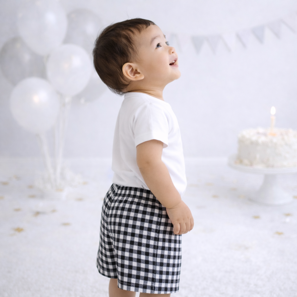 Baby First Birthday Outfit, Tuxedo Bodysuit and Gingham Shorts, Cake Smash Clothes