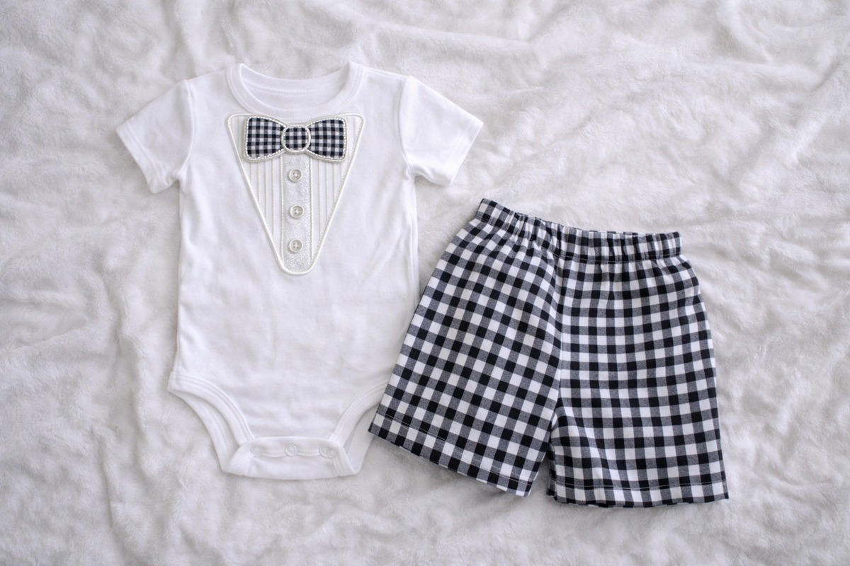 Baby First Birthday Outfit, Tuxedo Bodysuit and Gingham Shorts, Cake Smash Clothes