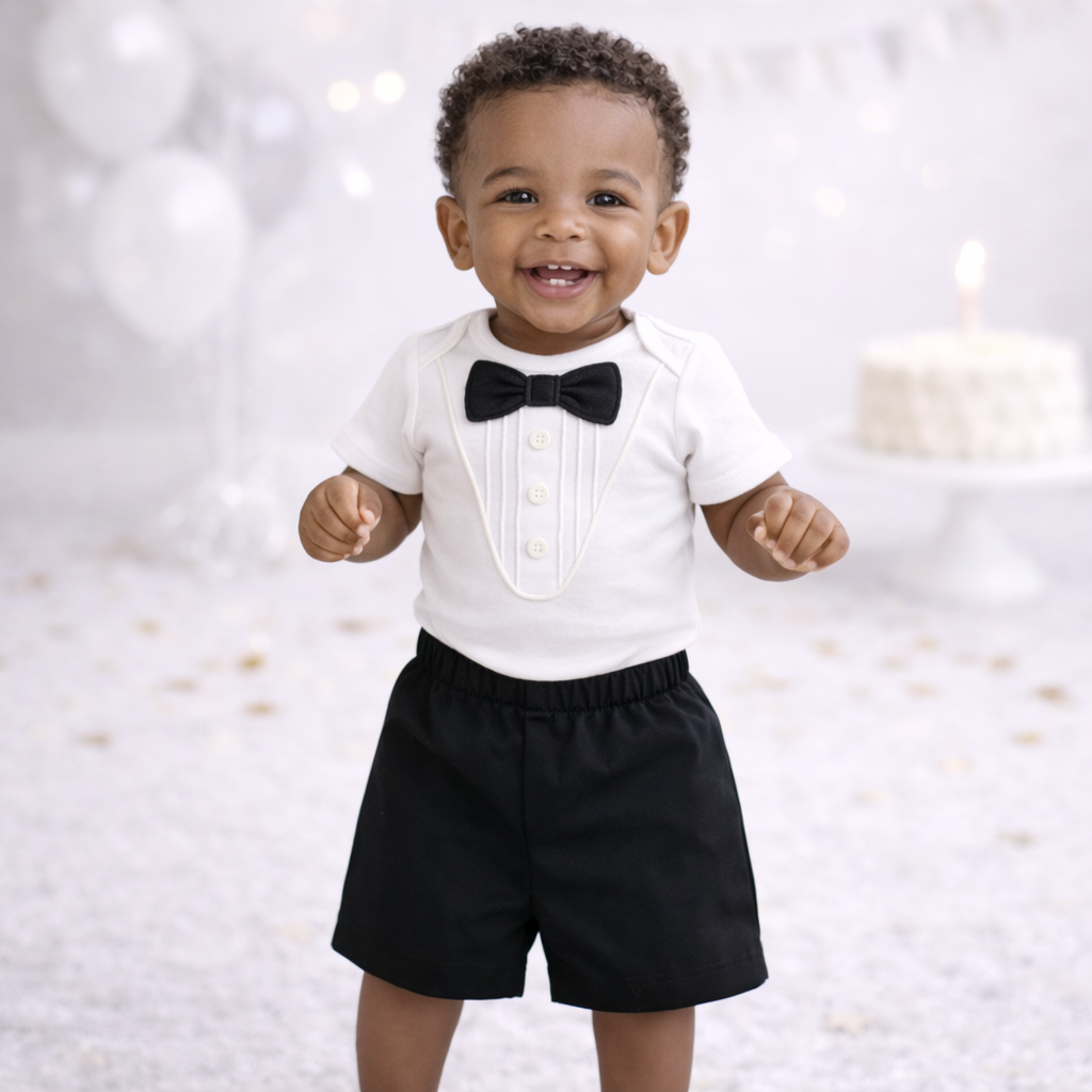Luxury White Baby Tuxedo Bodysuit with Cotton Shorts