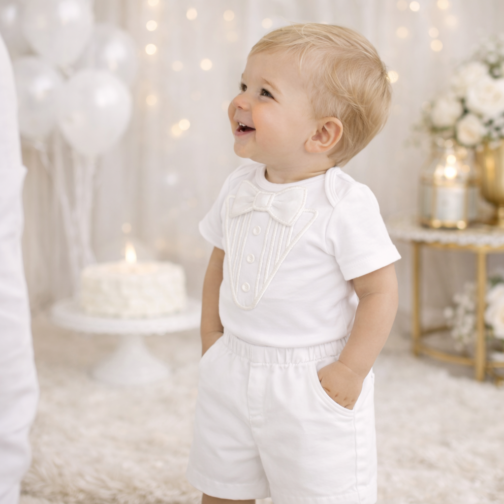 Luxury White Baby Tuxedo Bodysuit with Cotton Shorts