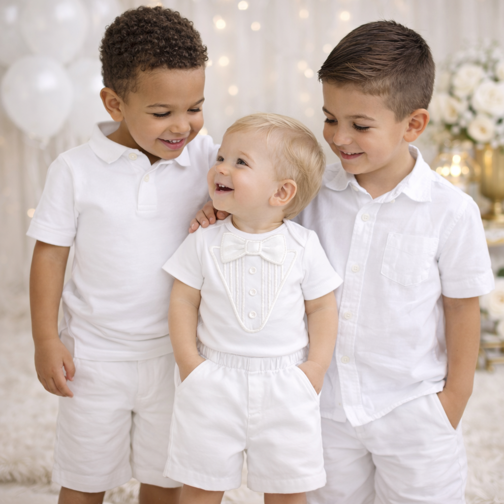 Luxury White Baby Tuxedo Bodysuit with Cotton Shorts