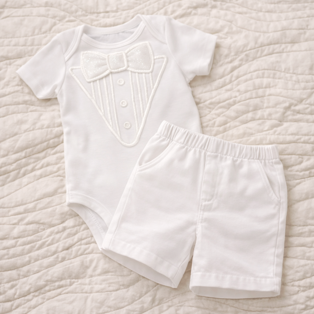 Luxury White Baby Tuxedo Bodysuit with Cotton Shorts