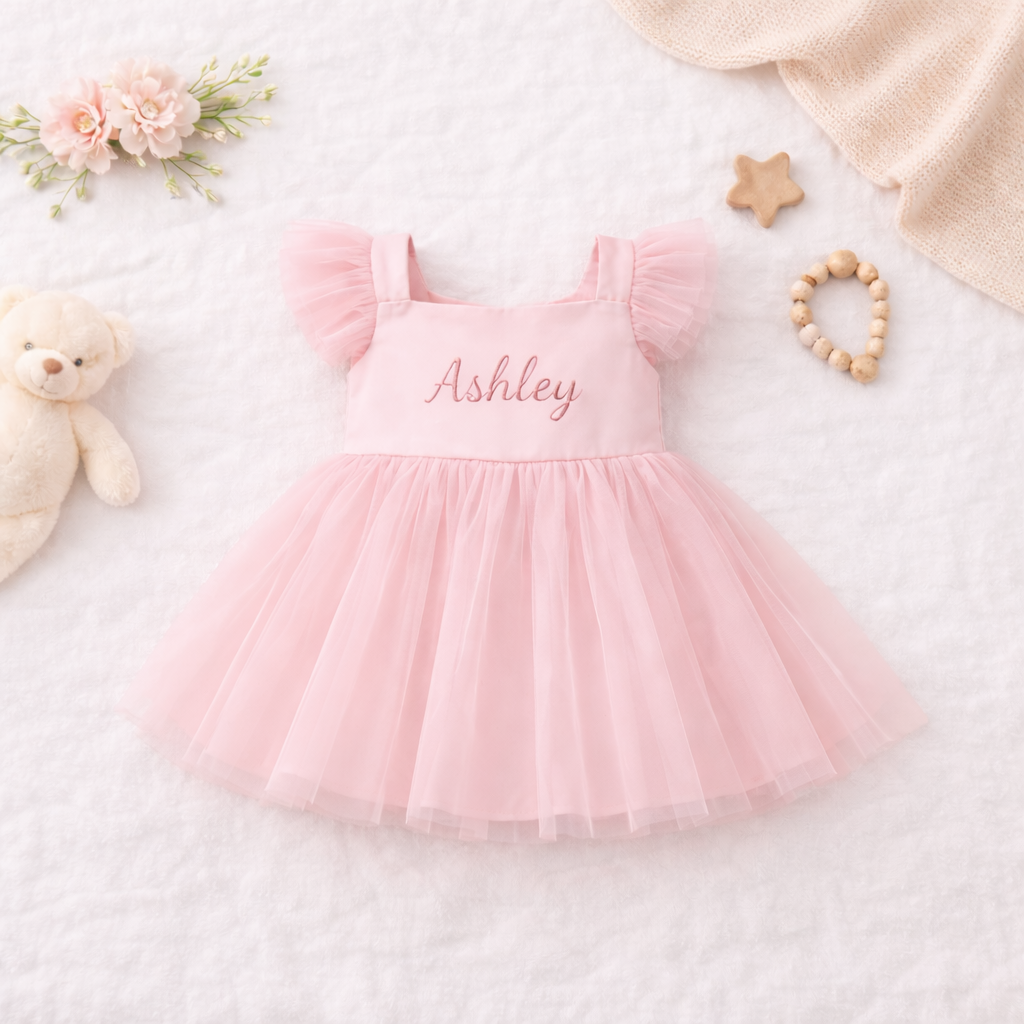 Personalized Pink or White Tulle Baby Dress