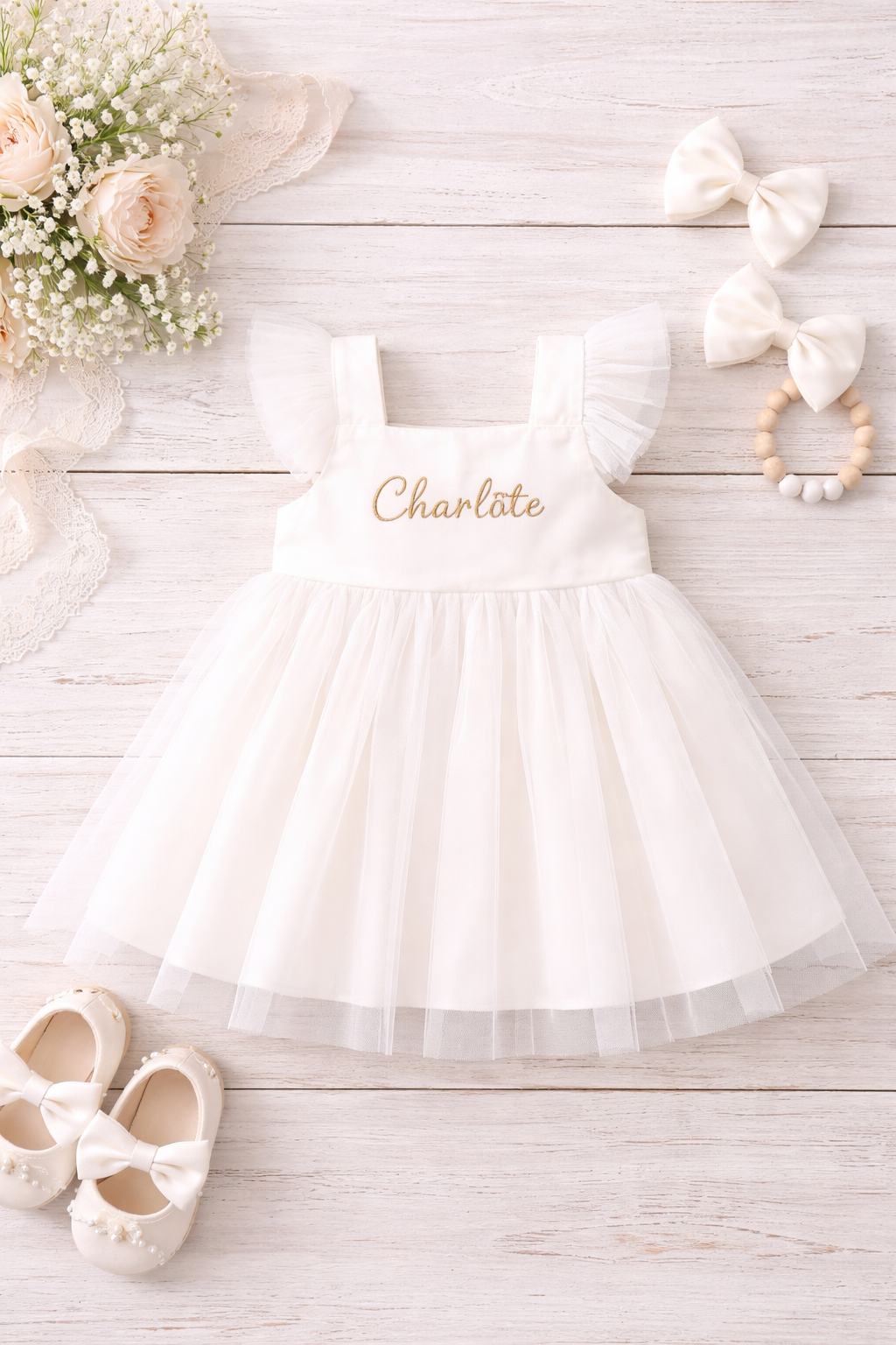 Personalized Pink or White Tulle Baby Dress