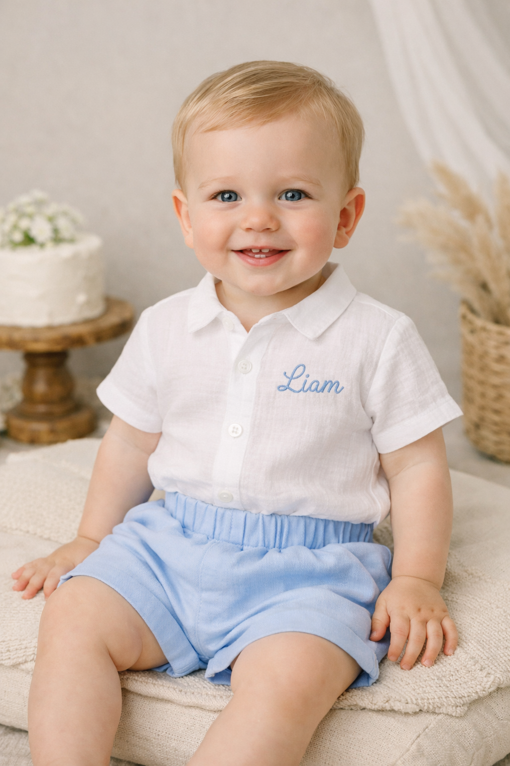 Boy Cake Smash Outfit, Personalized Name Shirt and Shorts, First Year Photo Outfit