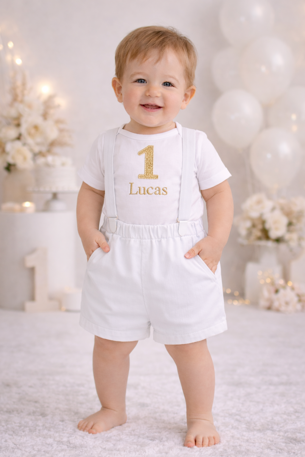 Boys First Birthday Outfit, White Gold Crown Bodysuit, Personalized Name Shorts Set