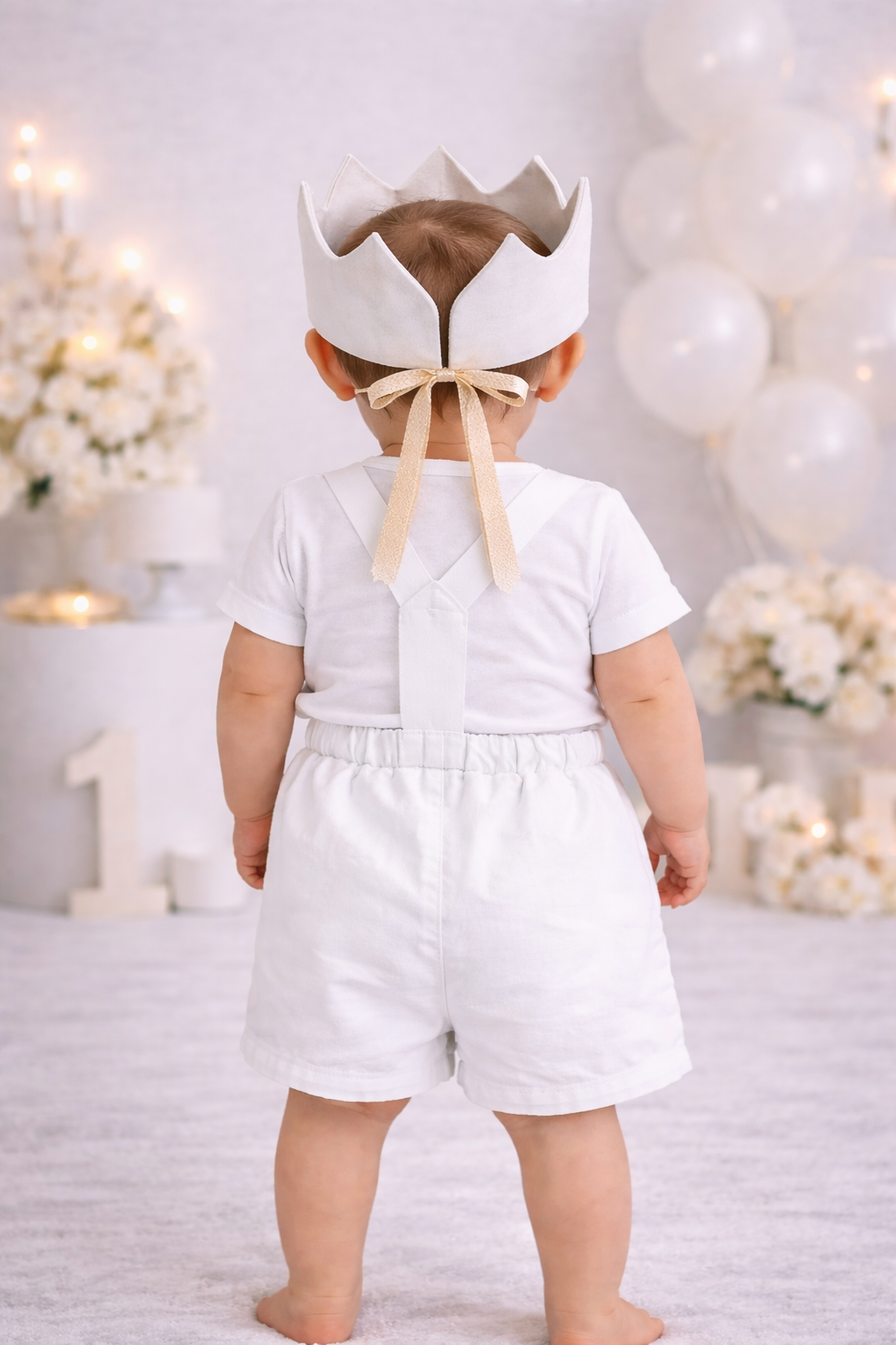 Boys First Birthday Outfit, White Gold Crown Bodysuit, Personalized Name Shorts Set