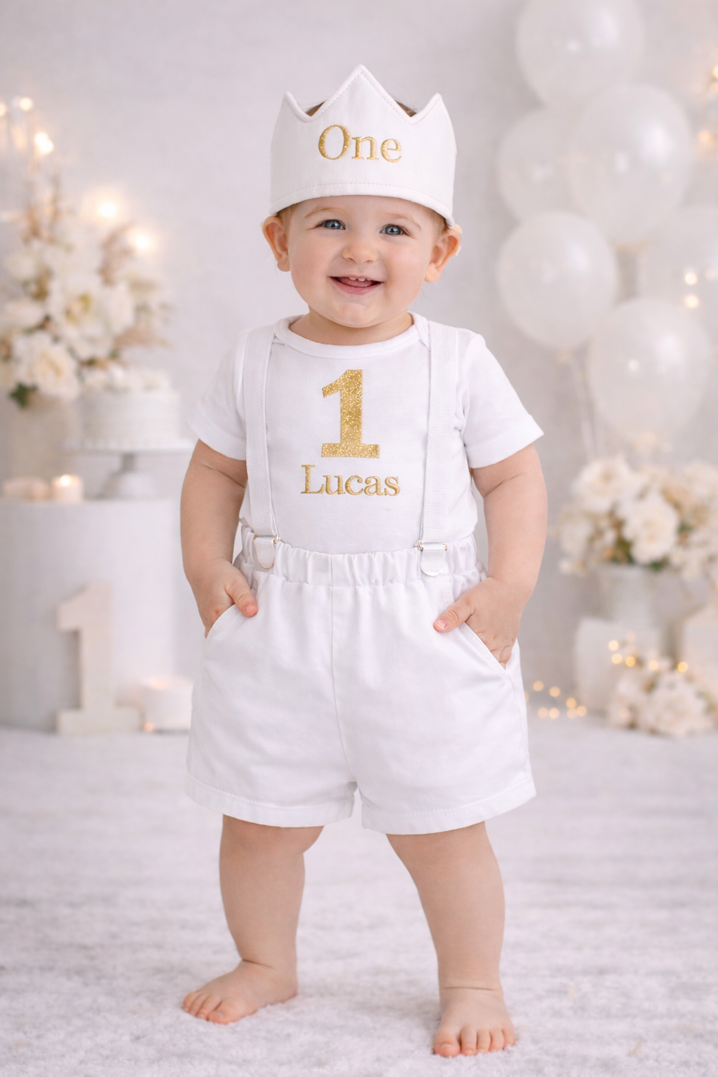 Boys First Birthday Outfit, White Gold Crown Bodysuit, Personalized Name Shorts Set