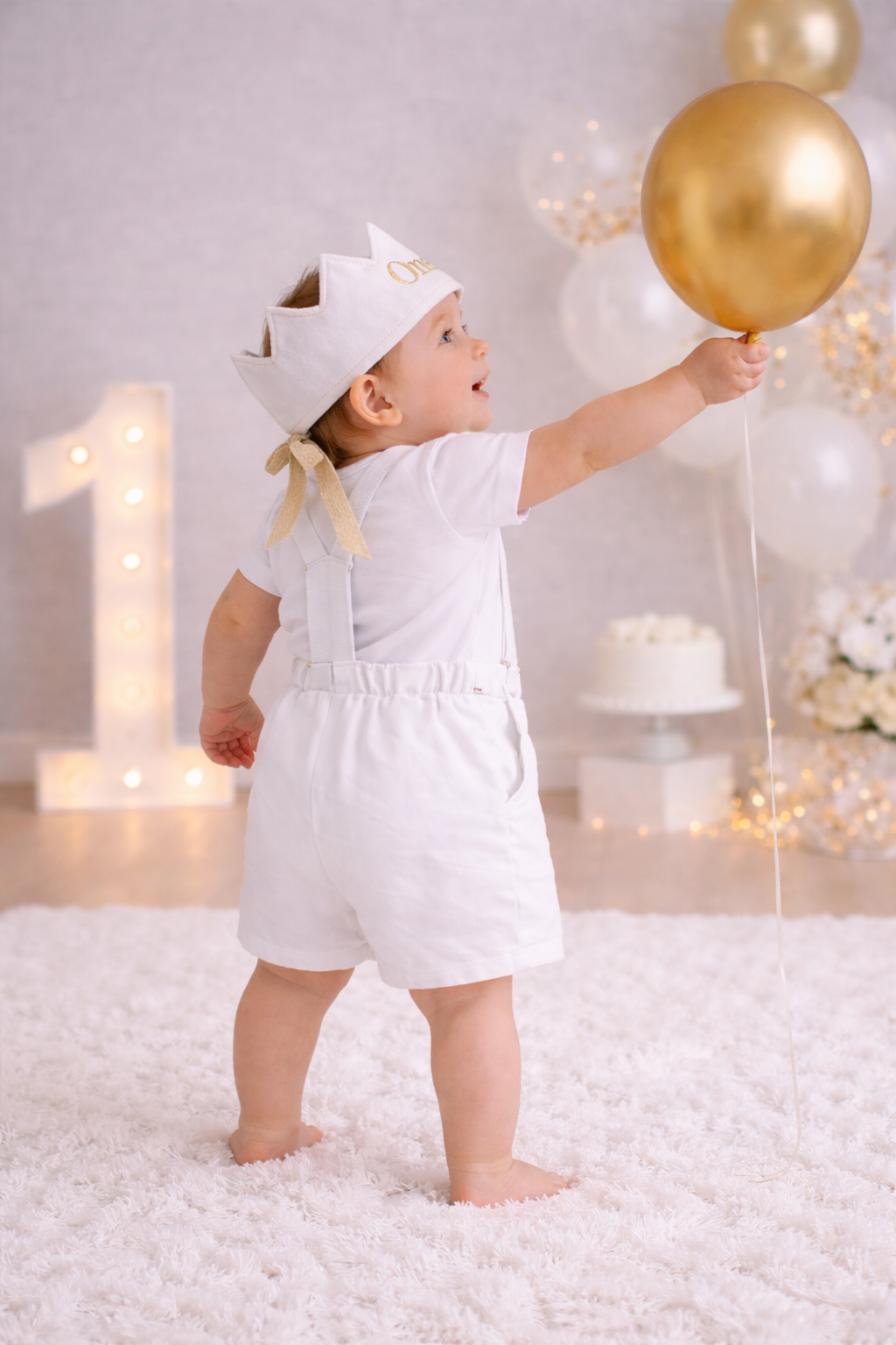 Boys First Birthday Outfit, White Gold Crown Bodysuit, Personalized Name Shorts Set