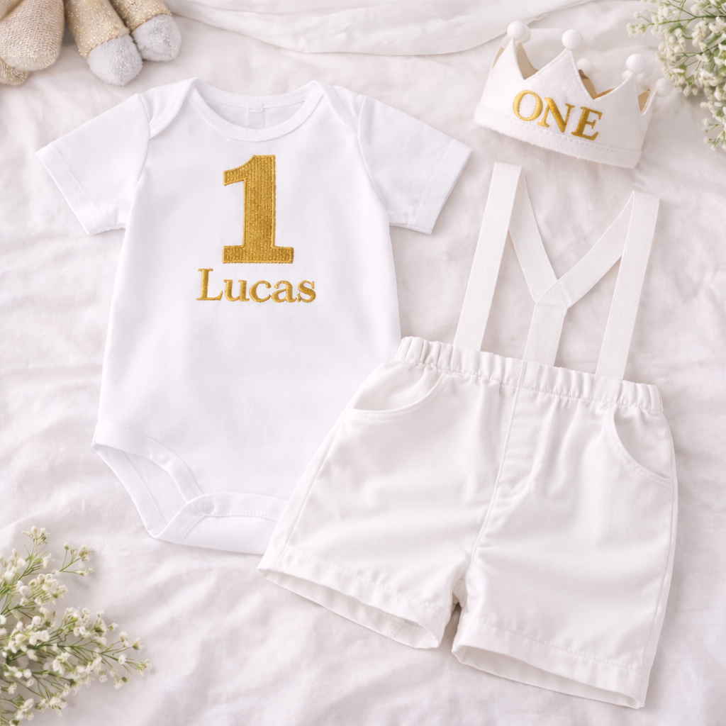 Boys First Birthday Outfit, White Gold Crown Bodysuit, Personalized Name Shorts Set