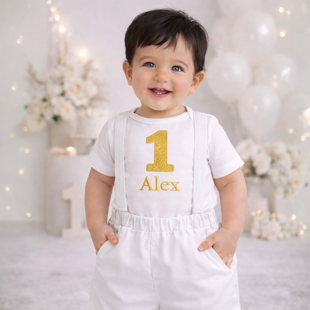 Boys First Birthday Outfit, White Gold Crown Bodysuit, Personalized Name Shorts Set