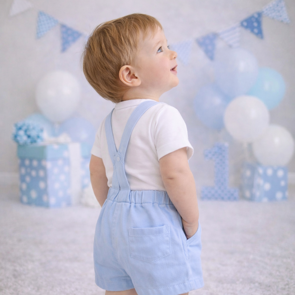 Baby Boy First Birthday Outfit – Personalized Blue Suspender Shorts Set