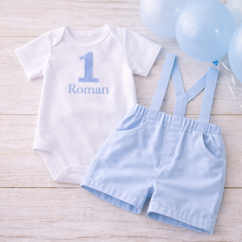 Baby Boy First Birthday Outfit – Personalized Blue Suspender Shorts Set