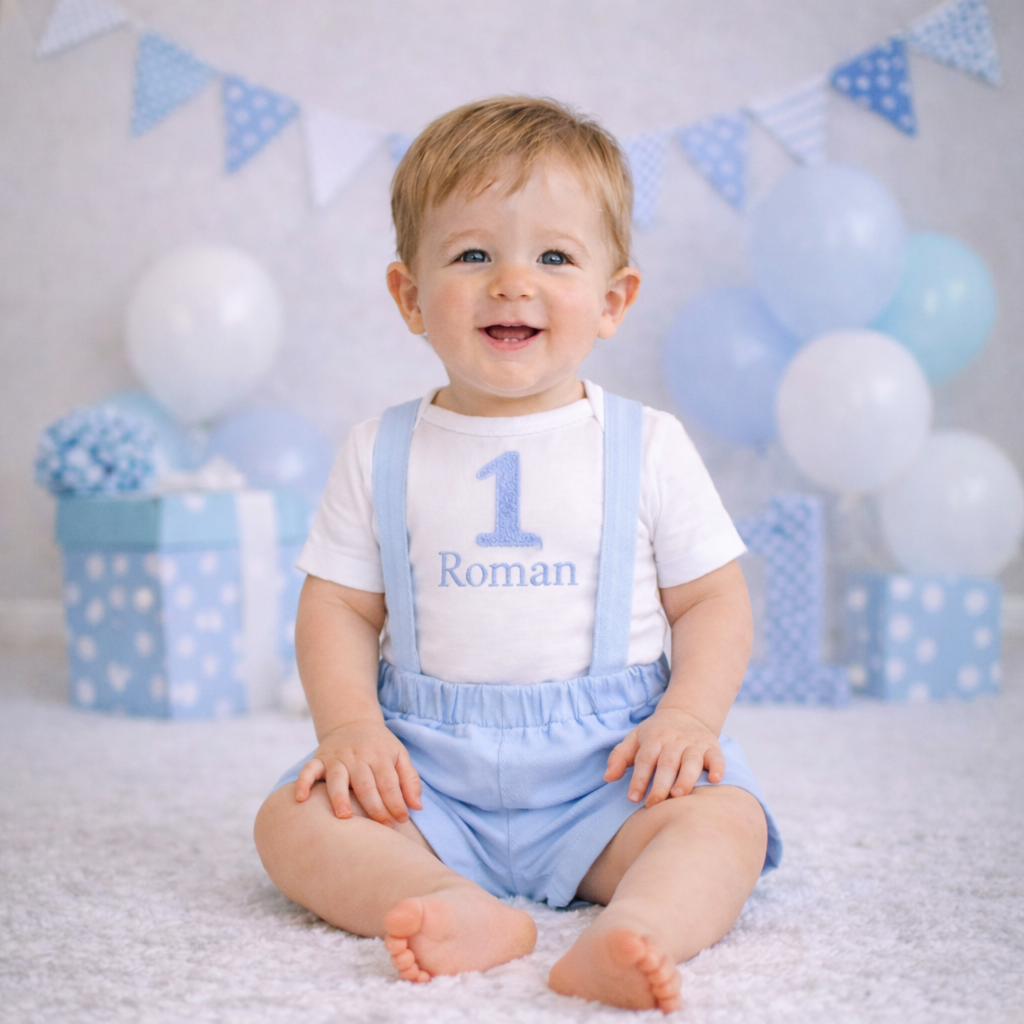 Baby Boy First Birthday Outfit – Personalized Blue Suspender Shorts Set