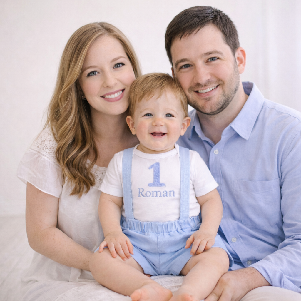 Baby Boy First Birthday Outfit – Personalized Blue Suspender Shorts Set