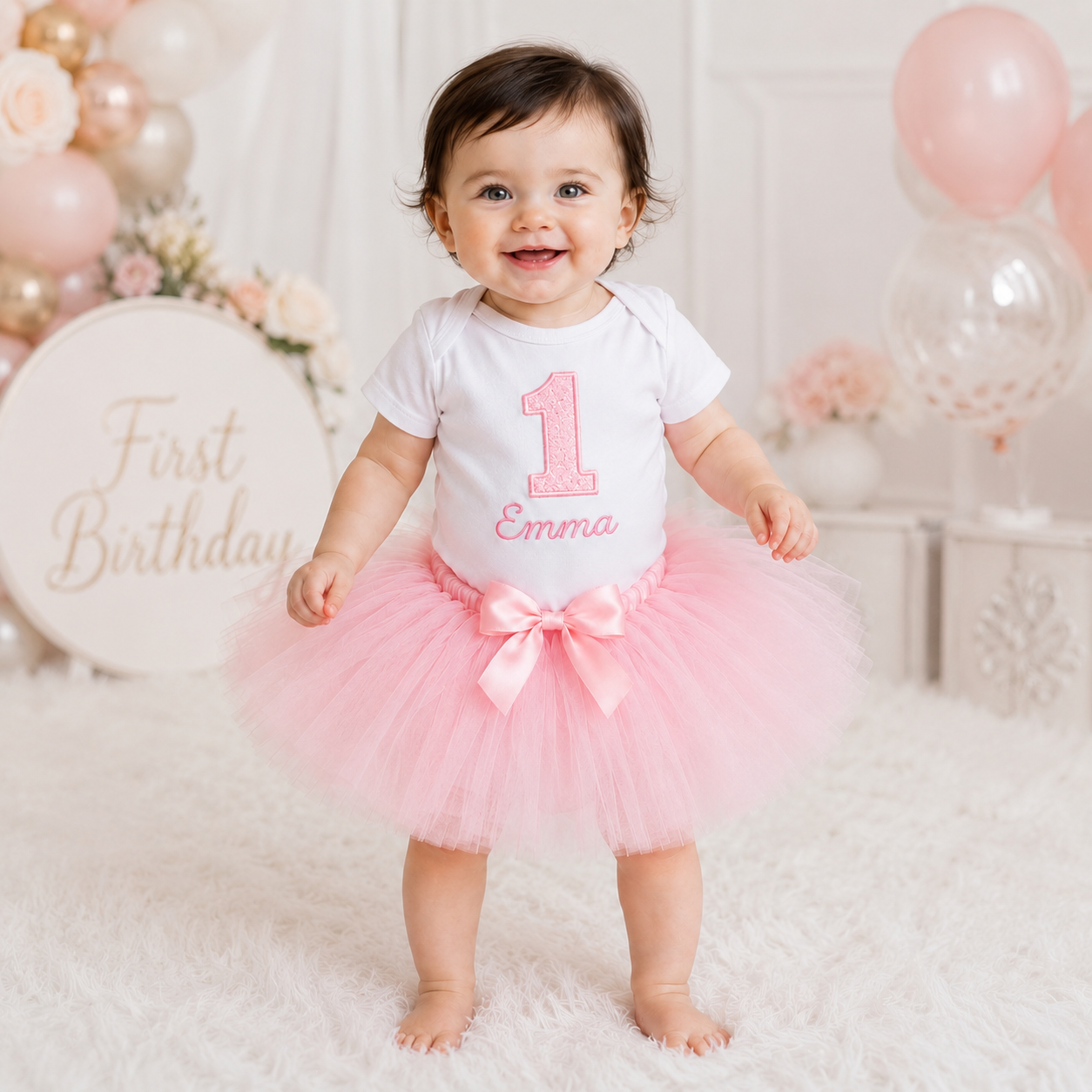 Pink First Birthday Tutu Outfit Girl – Personalized 1st Birthday Bodysuit with Name