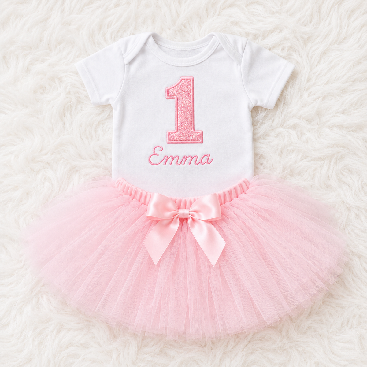 Pink First Birthday Tutu Outfit Girl – Personalized 1st Birthday Bodysuit with Name