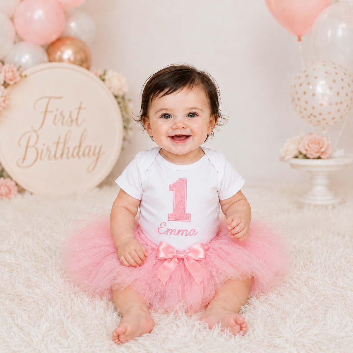 Pink First Birthday Tutu Outfit Girl – Personalized 1st Birthday Bodysuit with Name