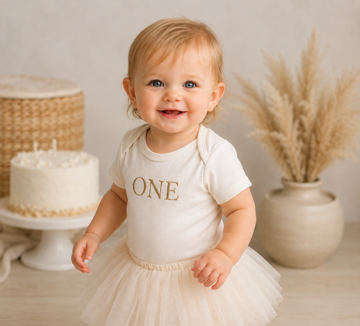 First Birthday ONE Embroidered Bodysuit Pink Tutu Personalized Cake Smash Set Handmade