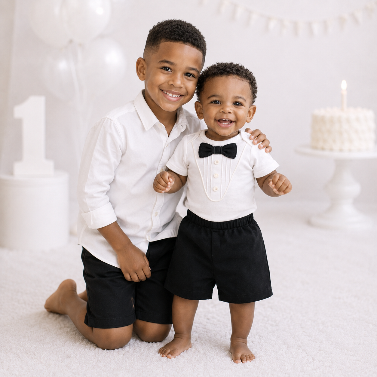 Luxury White Baby Tuxedo Bodysuit with Cotton Shorts