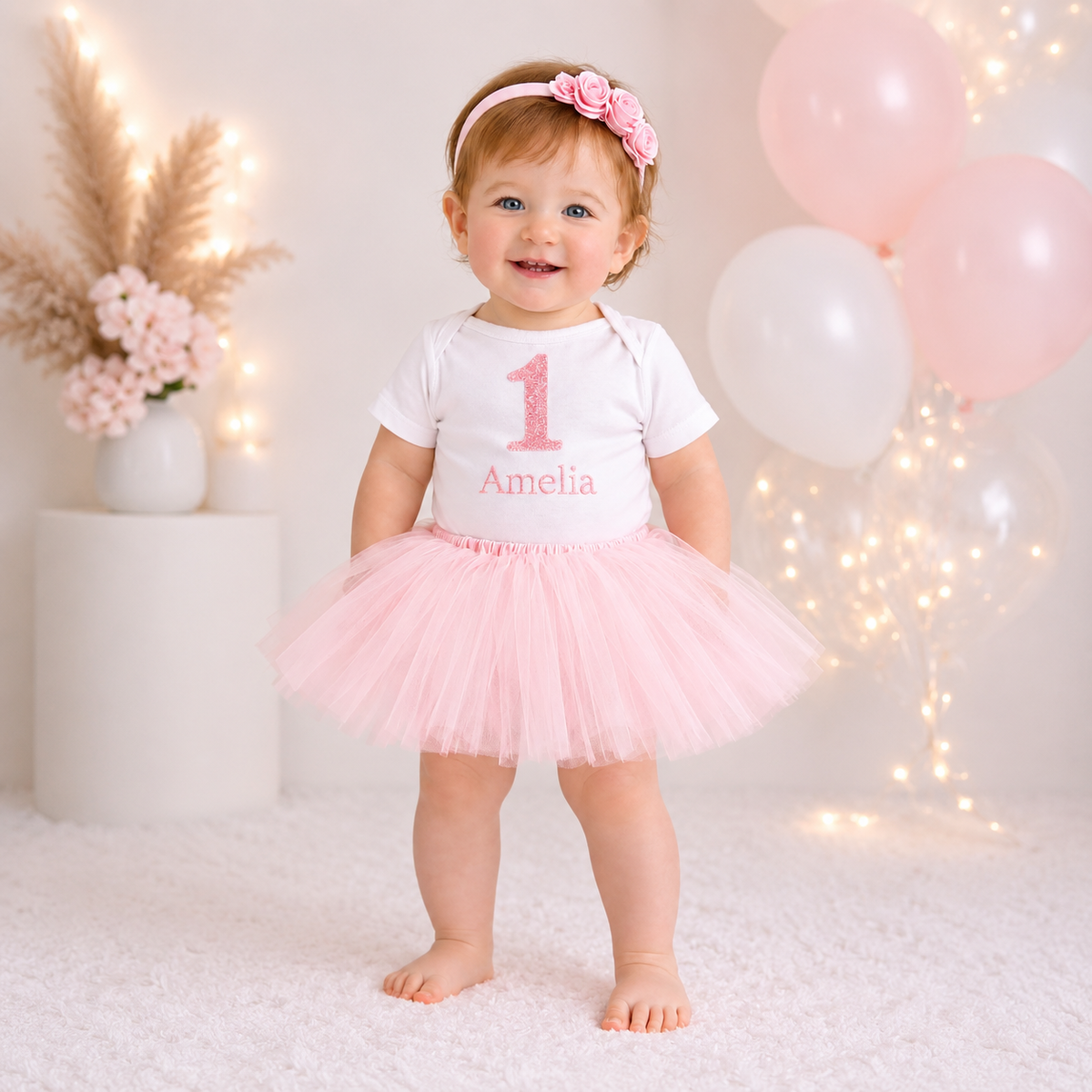 Pink First Birthday Tutu Outfit Girl – Personalized 1st Birthday Bodysuit with Name