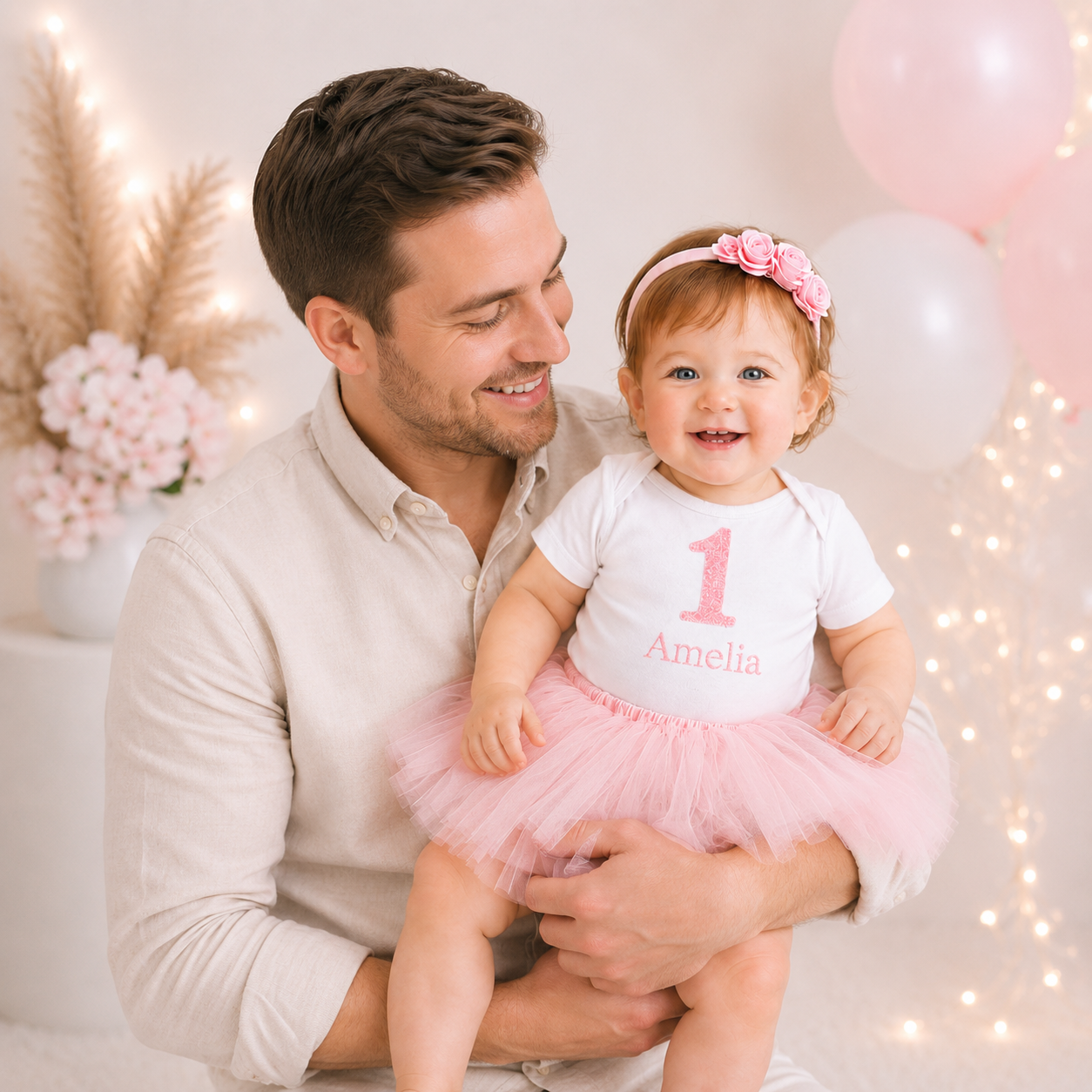 Pink First Birthday Tutu Outfit Girl – Personalized 1st Birthday Bodysuit with Name