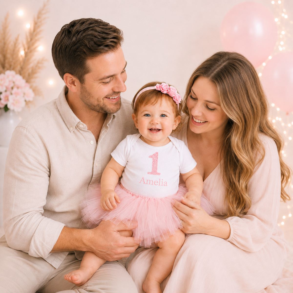 Pink First Birthday Tutu Outfit Girl – Personalized 1st Birthday Bodysuit with Name