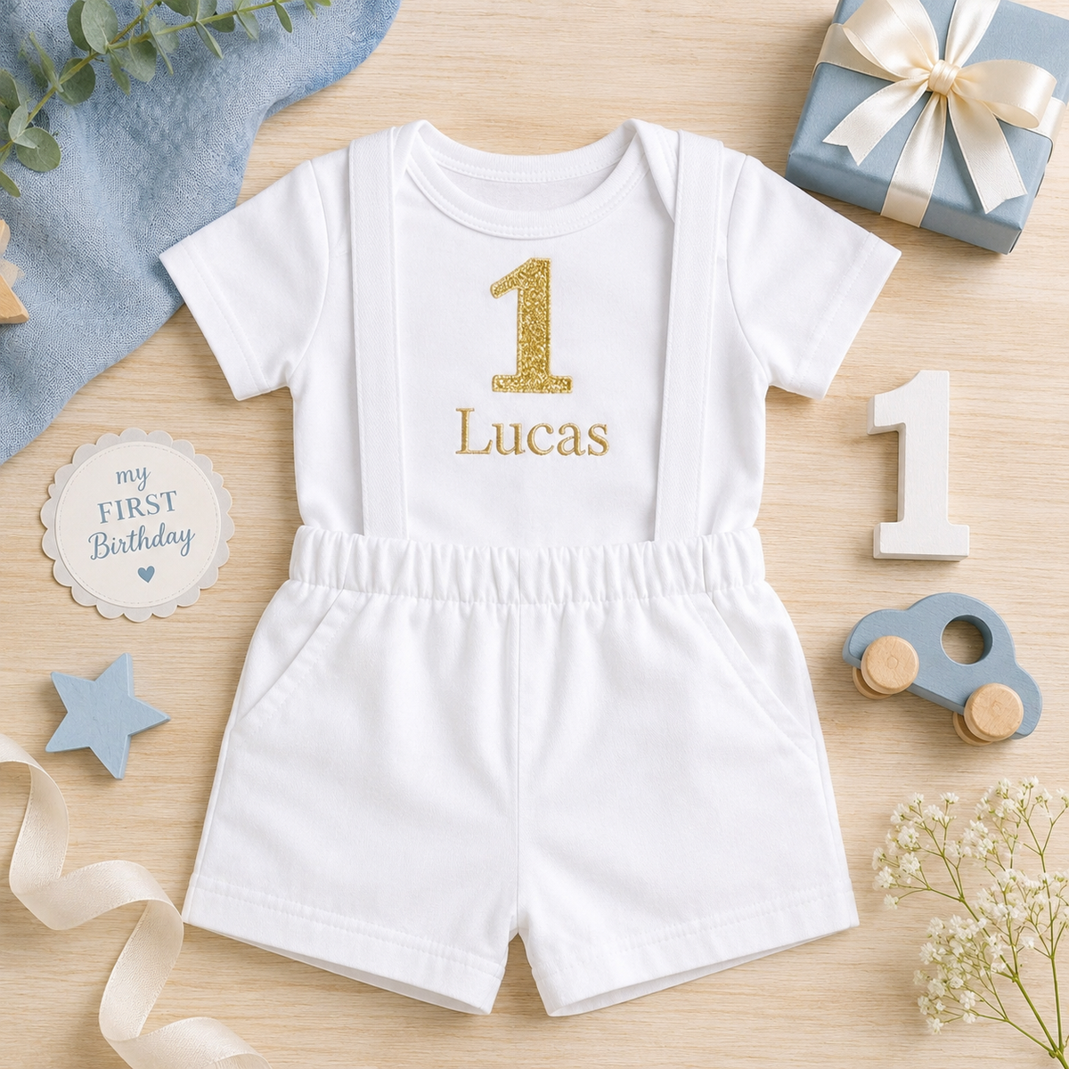 Boys First Birthday Outfit, White Gold Crown Bodysuit, Personalized Name Shorts Set