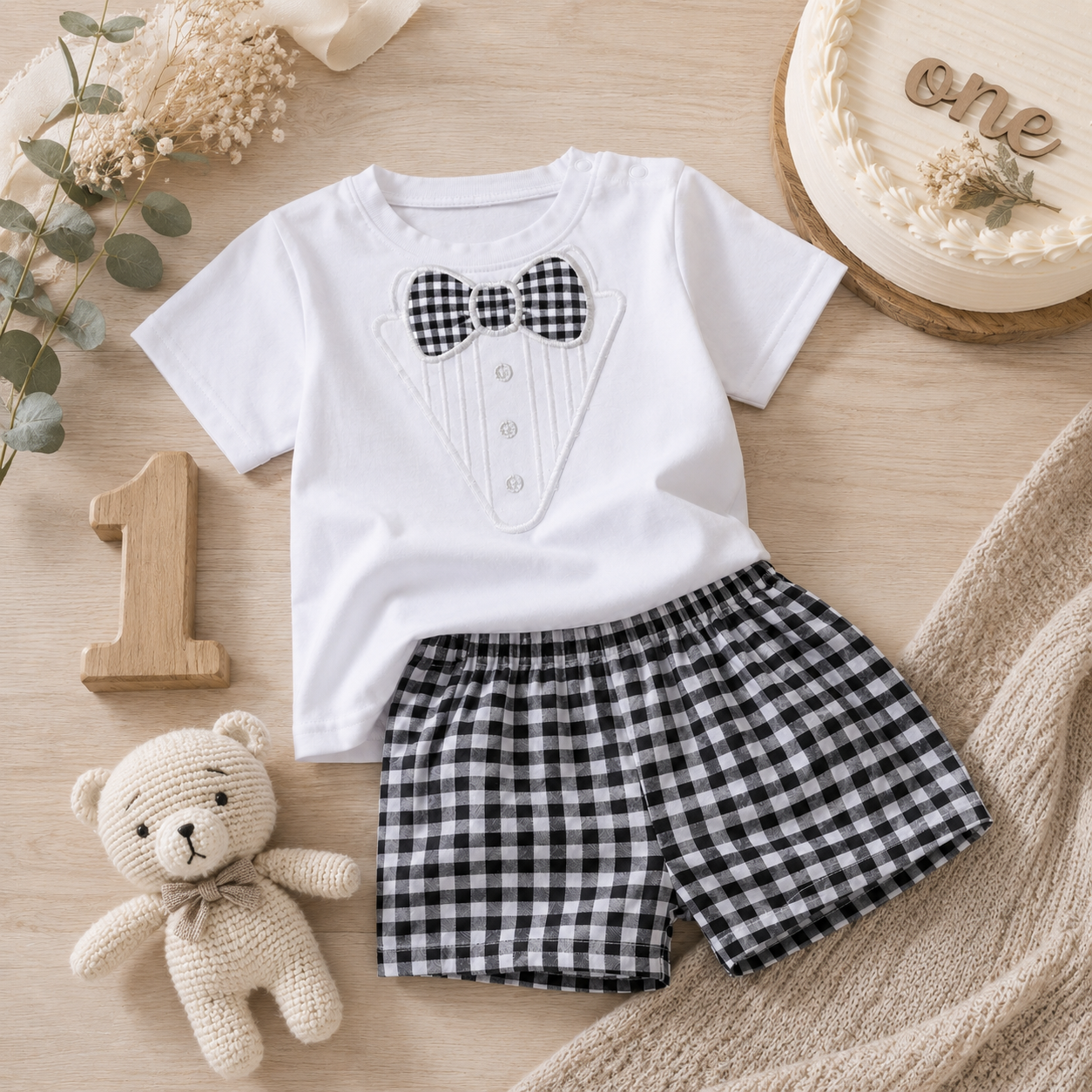Baby First Birthday Outfit, Tuxedo Bodysuit and Gingham Shorts, Cake Smash Clothes