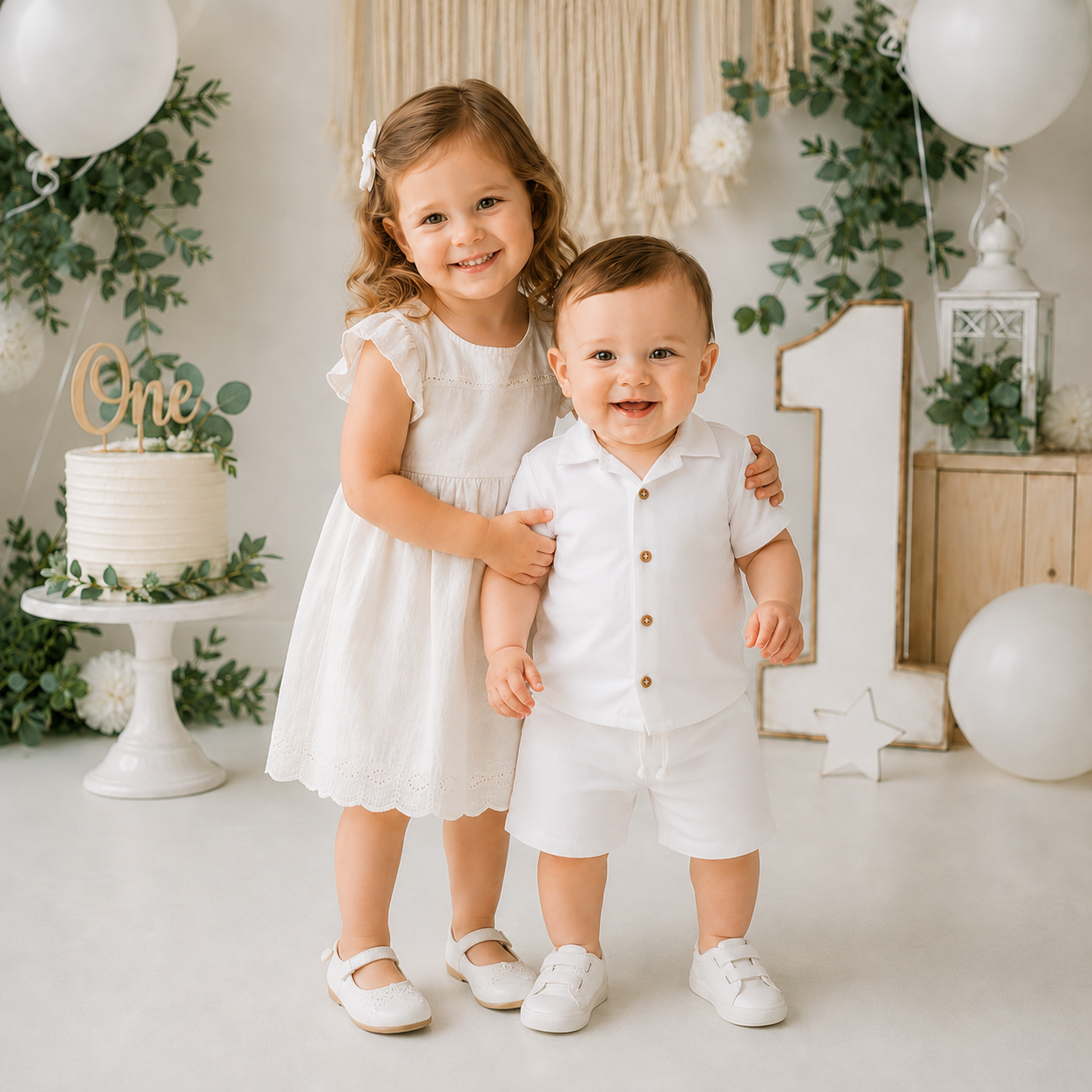 Baby boy white first birthday outfit with button shirt and matching shorts