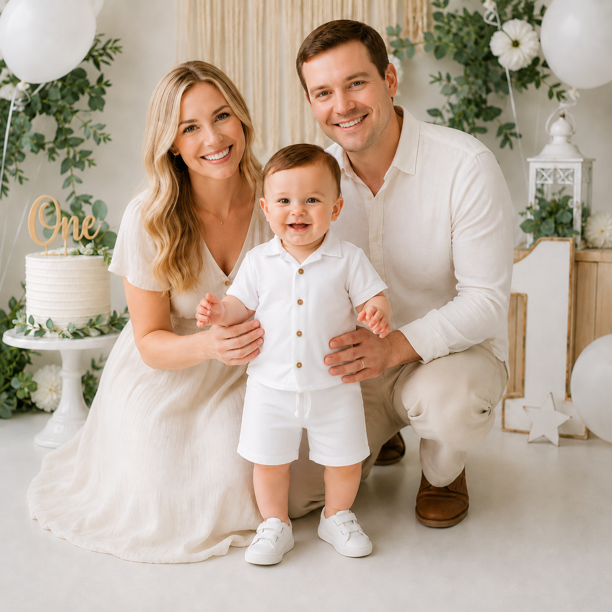 Baby boy white first birthday outfit with button shirt and matching shorts
