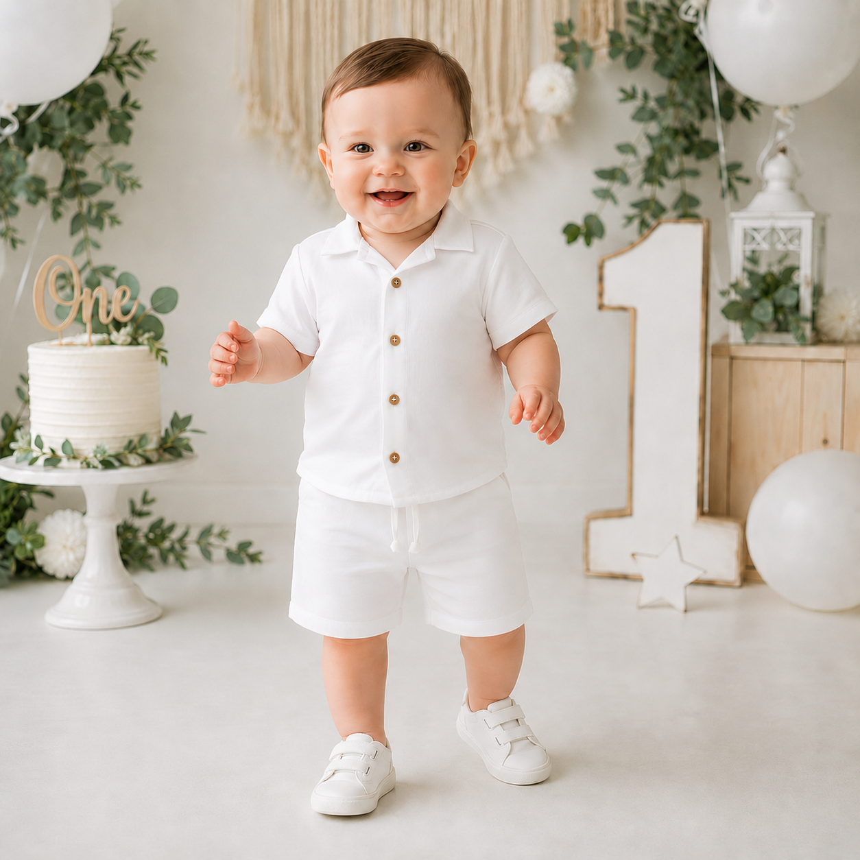 Baby boy white first birthday outfit with button shirt and matching shorts