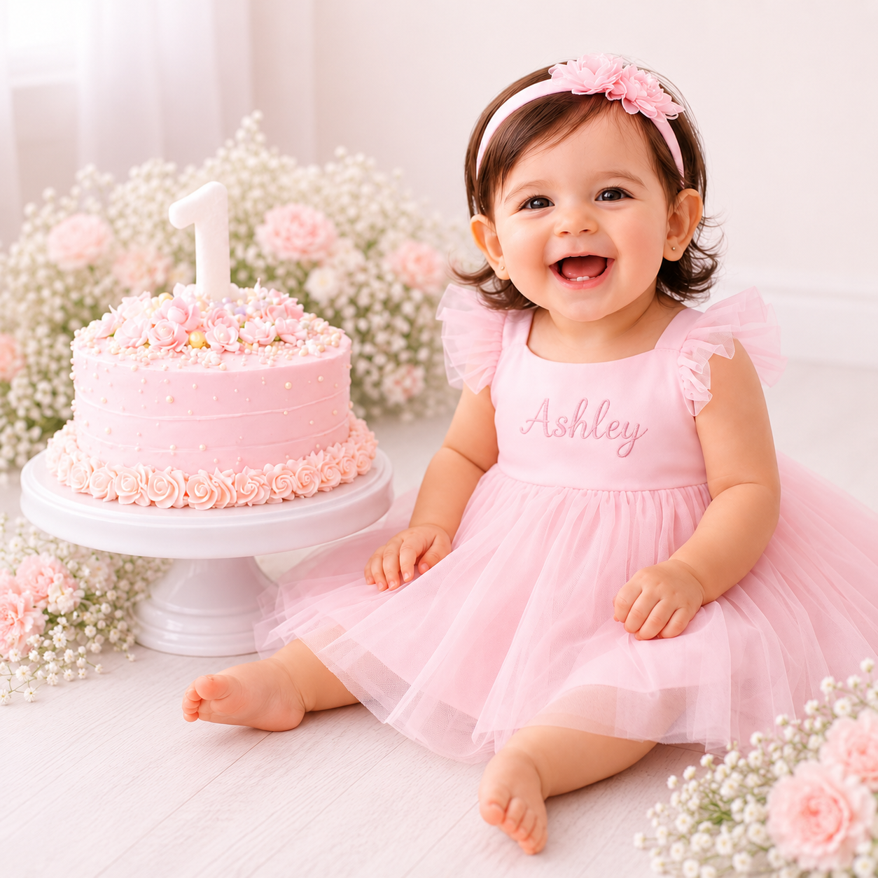 Personalized Pink or White Tulle Baby Dress