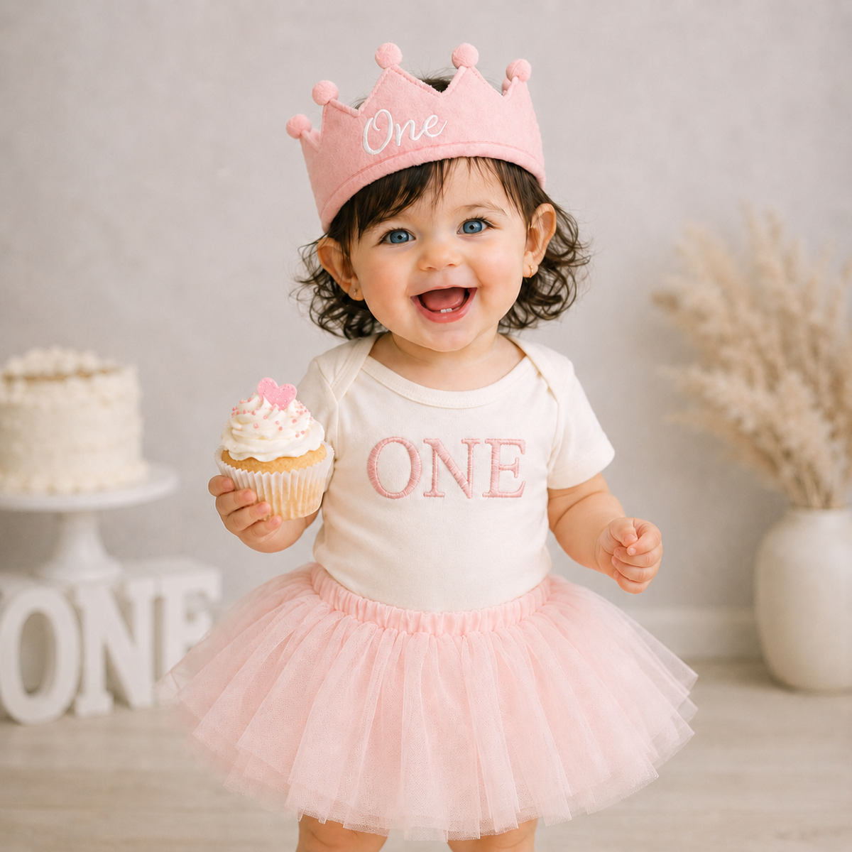 First Birthday ONE Embroidered Bodysuit Pink Tutu Personalized Cake Smash Set Handmade