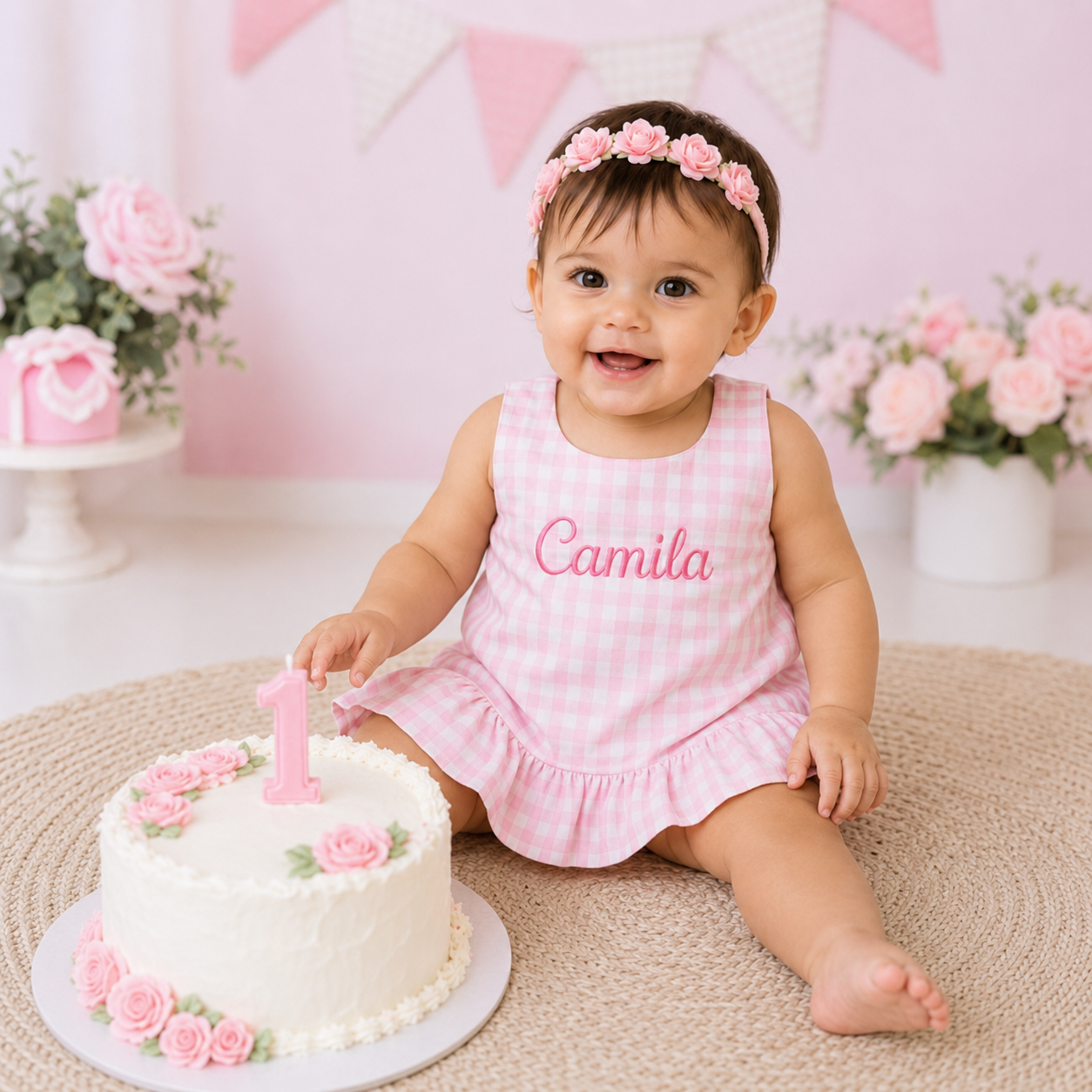 Personalized Pink Gingham First Birthday Dress for Baby Girl